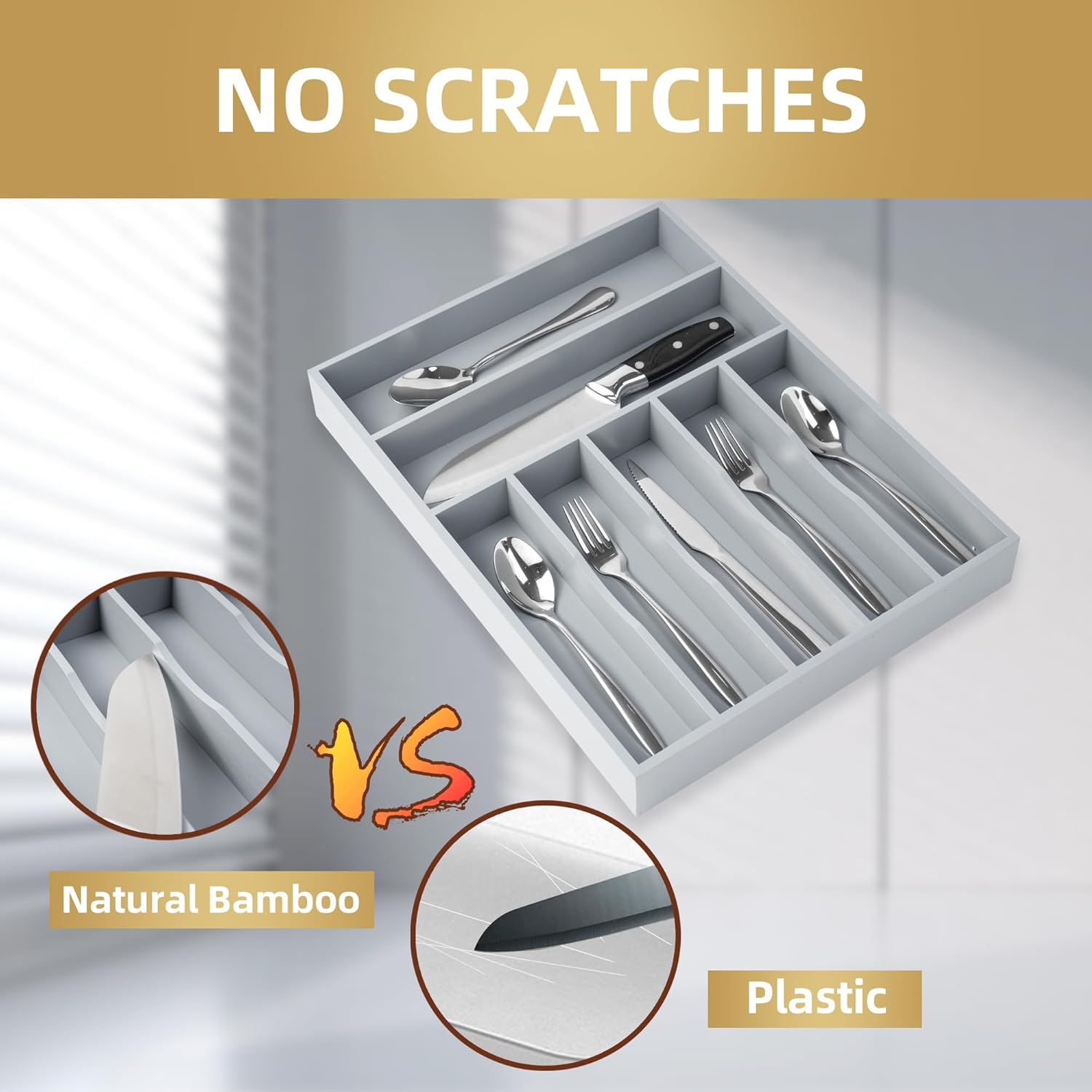 Silverware Organizer 13 Inch Gray Bamboo Kitchen Drawer Organizer 7 Slots Utensil Organizer