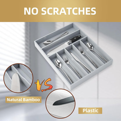 Silverware Organizer 13 Inch Gray Bamboo Kitchen Drawer Organizer 7 Slots Utensil Organizer