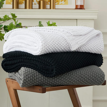 Chunky Cable Knit Throw Blanket Lightweight White 100% Organic Cotton Blanket for Sofa Couch Bed