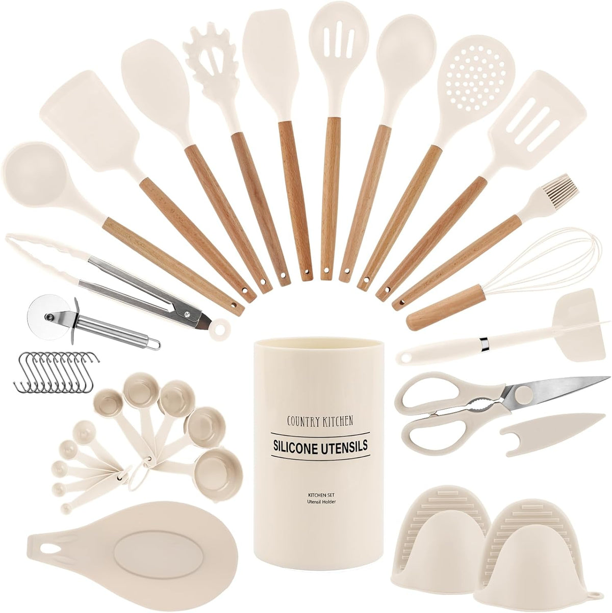 Country Kitchen Non Stick Silicone Utensil Set with Rounded Wood Handles for Cooking and Baking, 38