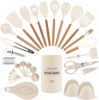 Country Kitchen Non Stick Silicone Utensil Set with Rounded Wood Handles for Cooking and Baking, 38