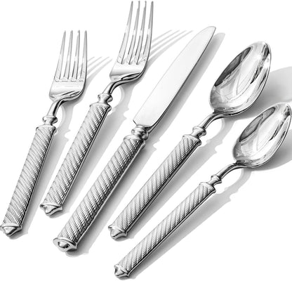 KINGSTONE Retro Rope-Pattern Silverware Set, 60-Piece Flatware Set Cutlery Set Forged with