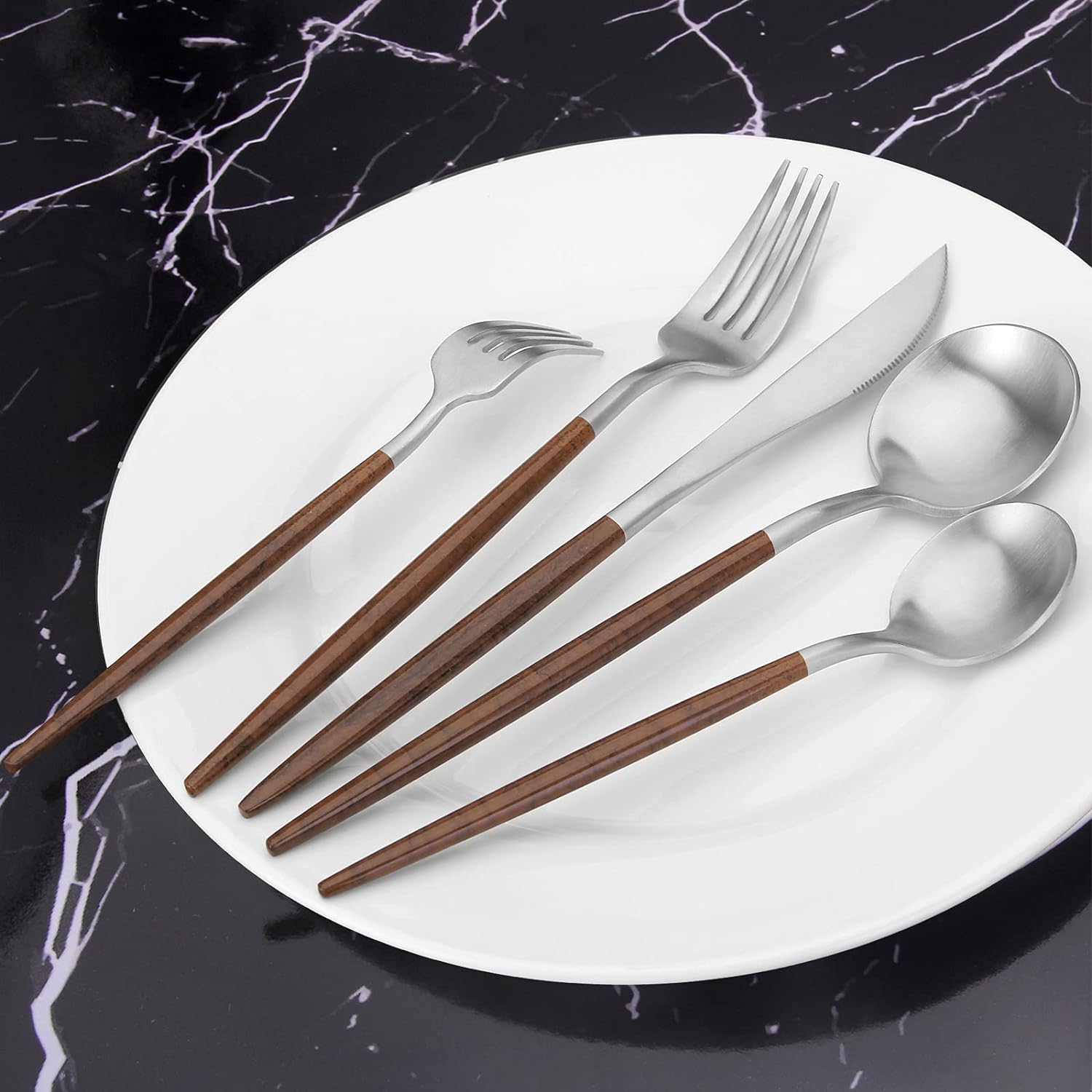 Matte Silver Silverware Set With Brown Handle, Vanys 20 Piece Stainless Steel Cutlery Flatware Set