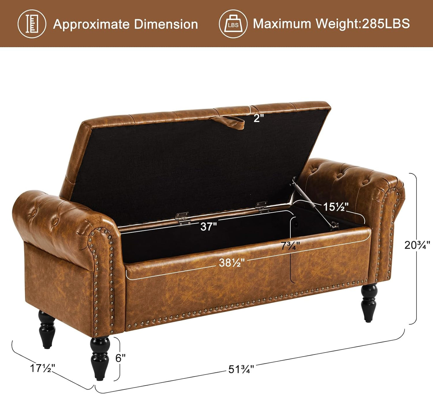 Furniliving Storage Ottoman Bench, Leather Benches End of Bed Bench with Solid Wood Legs