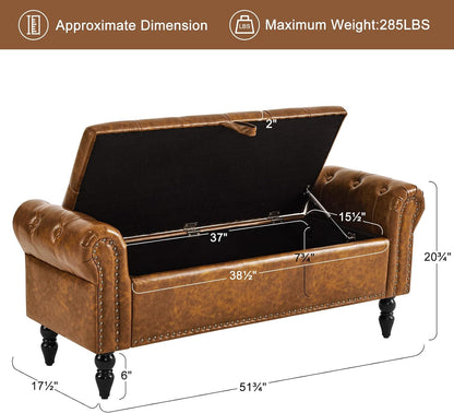 Furniliving Storage Ottoman Bench, Leather Benches End of Bed Bench with Solid Wood Legs