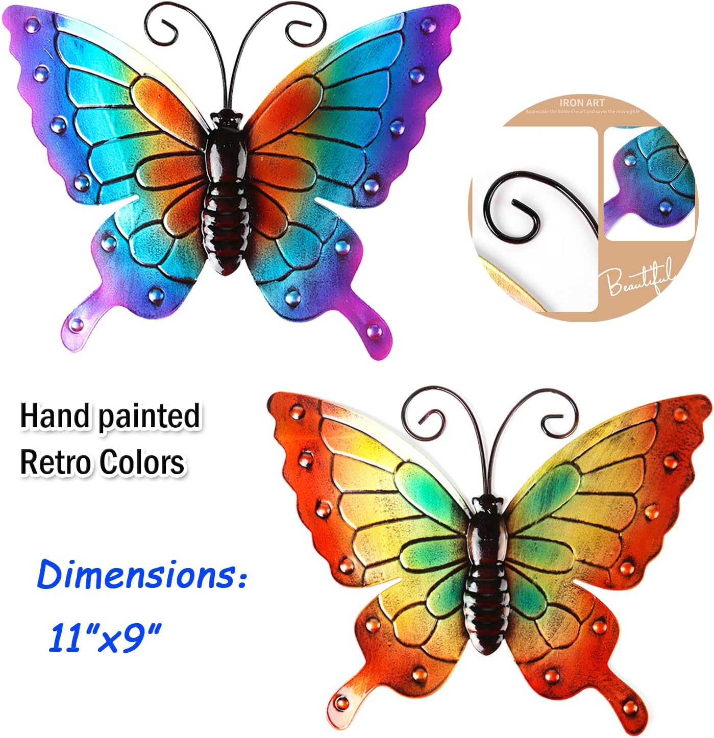 MACLARONX 3Pcs Metal Butterfly Wall Decor,11" Large Outdoor Fence Yard Art Butterflies 3D Garden