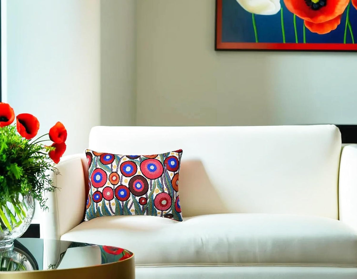 Cream Lumbar Poppy Floral Pillow Cover Red Poppies Flower Pillows White Farmhouse Chair Cushion
