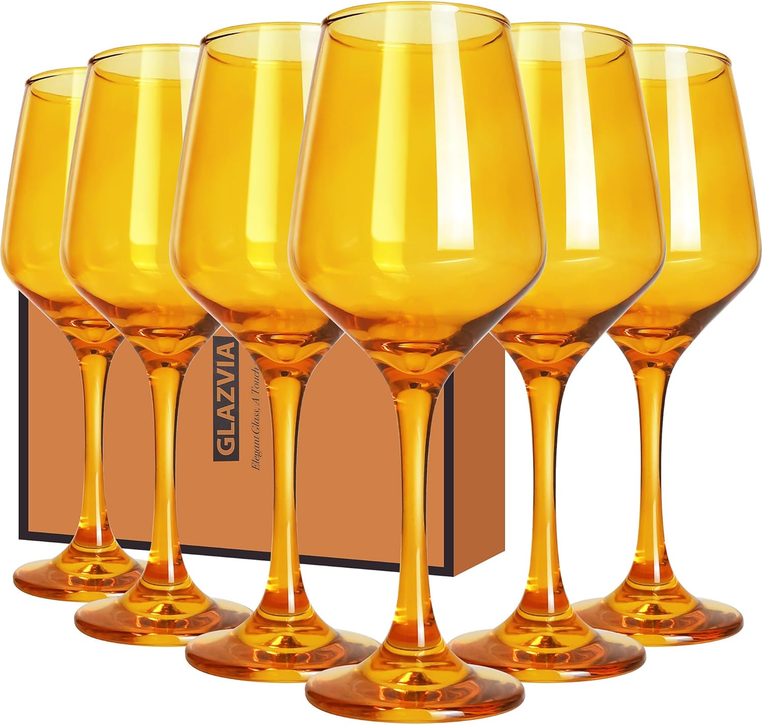 Amber Wine Glasses Set of 6-12oz Amber Long Stem Wine Glass Cups, Pretty Crystal Glassware, Hand