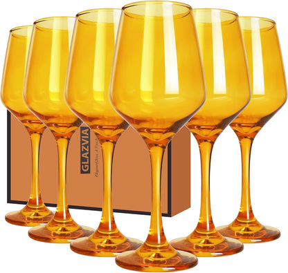 Amber Wine Glasses Set of 6-12oz Amber Long Stem Wine Glass Cups, Pretty Crystal Glassware, Hand