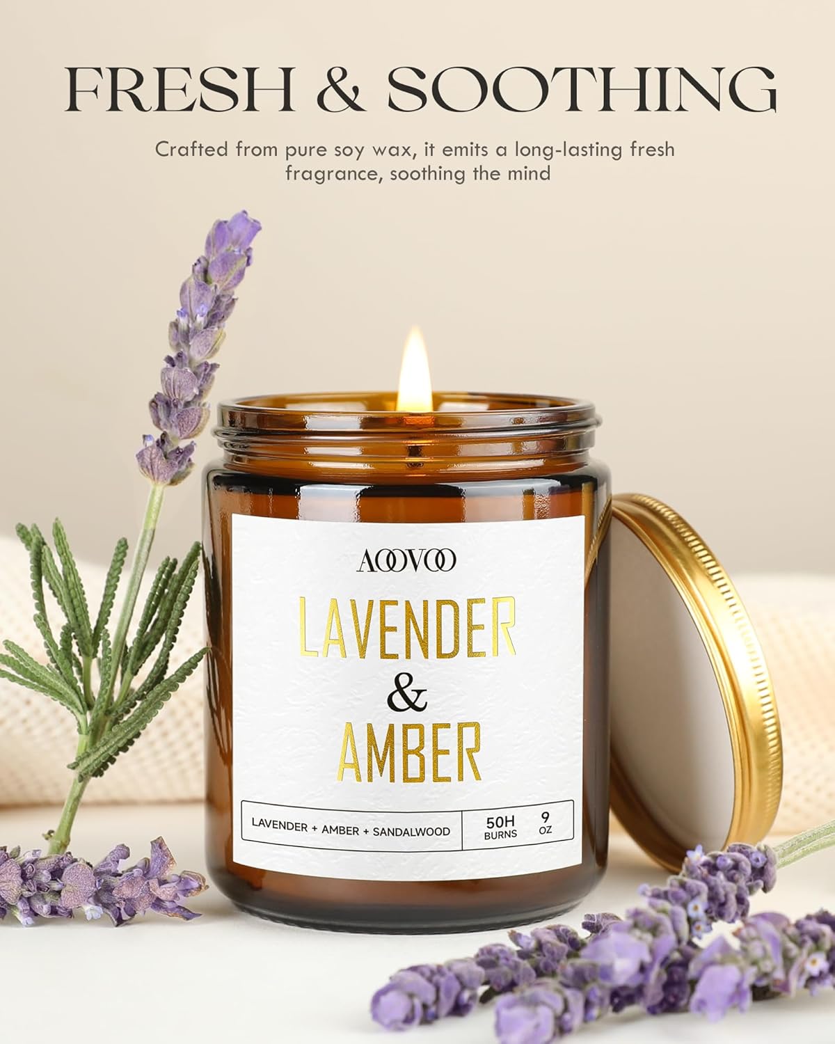AOOVOO Lavender Amber Candles - 9 oz Scented Candles, Aromatherapy Candle, Soy Candle for Home