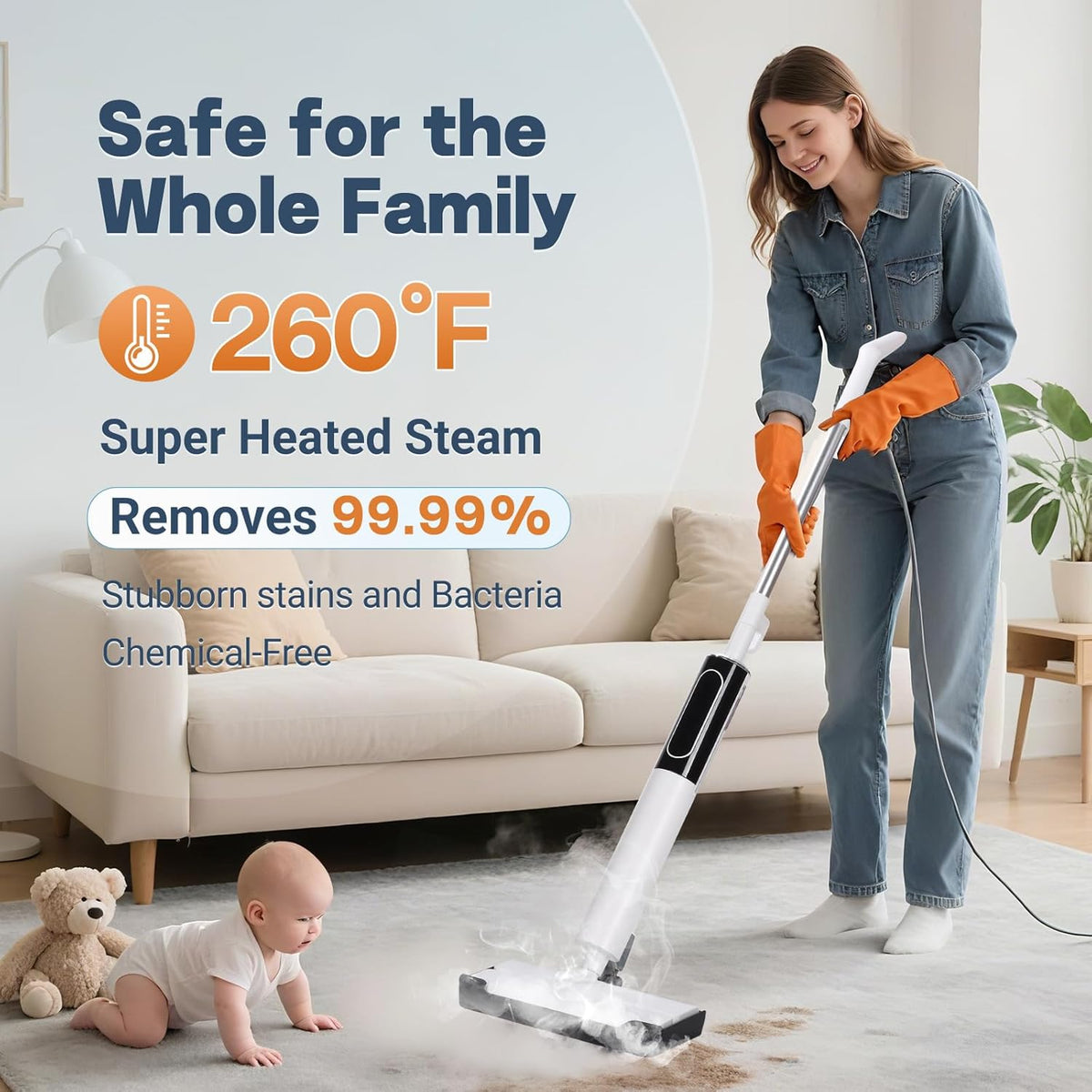 Steam Mop, Detachable Handheld Steam Cleaner for Home,1200W Heat to 260 °F in 20S, 2 Steam Modes &