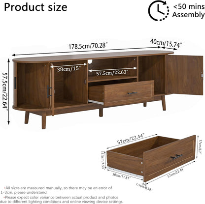 70" Fluted TV Stand for Tvs up to 80", Mid-Century Modern Entertainment Center with Drawers and