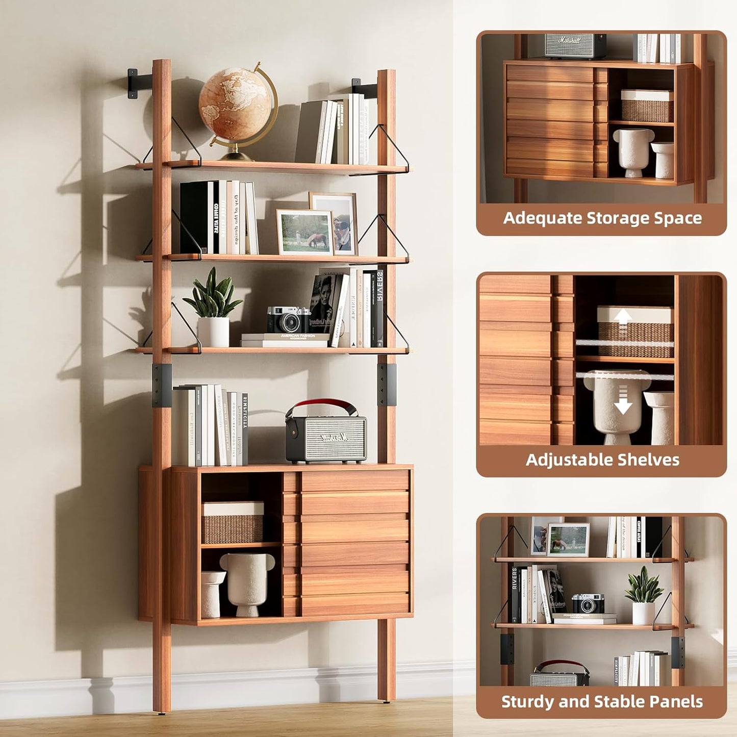 Ladder Bookshelf with Storage Cabinet, Mid Century Modern Wall Mounted Bookcase with Wood and Metal