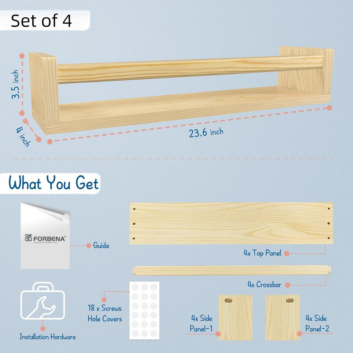 Forbena Natural Wood Nursery Bookshelves for Wall, 24 Inches Long Floating Book Shelves, Wall