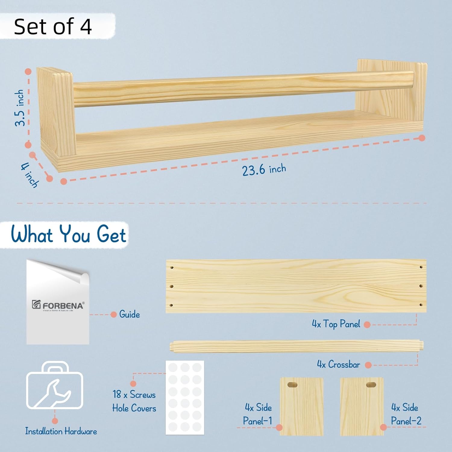 Forbena Natural Wood Nursery Bookshelves for Wall, 24 Inches Long Floating Book Shelves, Wall