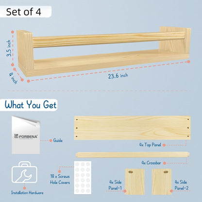 Forbena Natural Wood Nursery Bookshelves for Wall, 24 Inches Long Floating Book Shelves, Wall