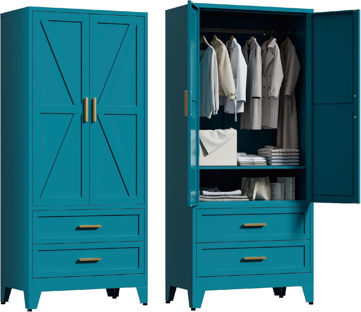 71'' Farmhouse Metal Wardrobe Cabinet with Hanging Rod, 2 Barn Door Wardrobe Closet with Adjustable