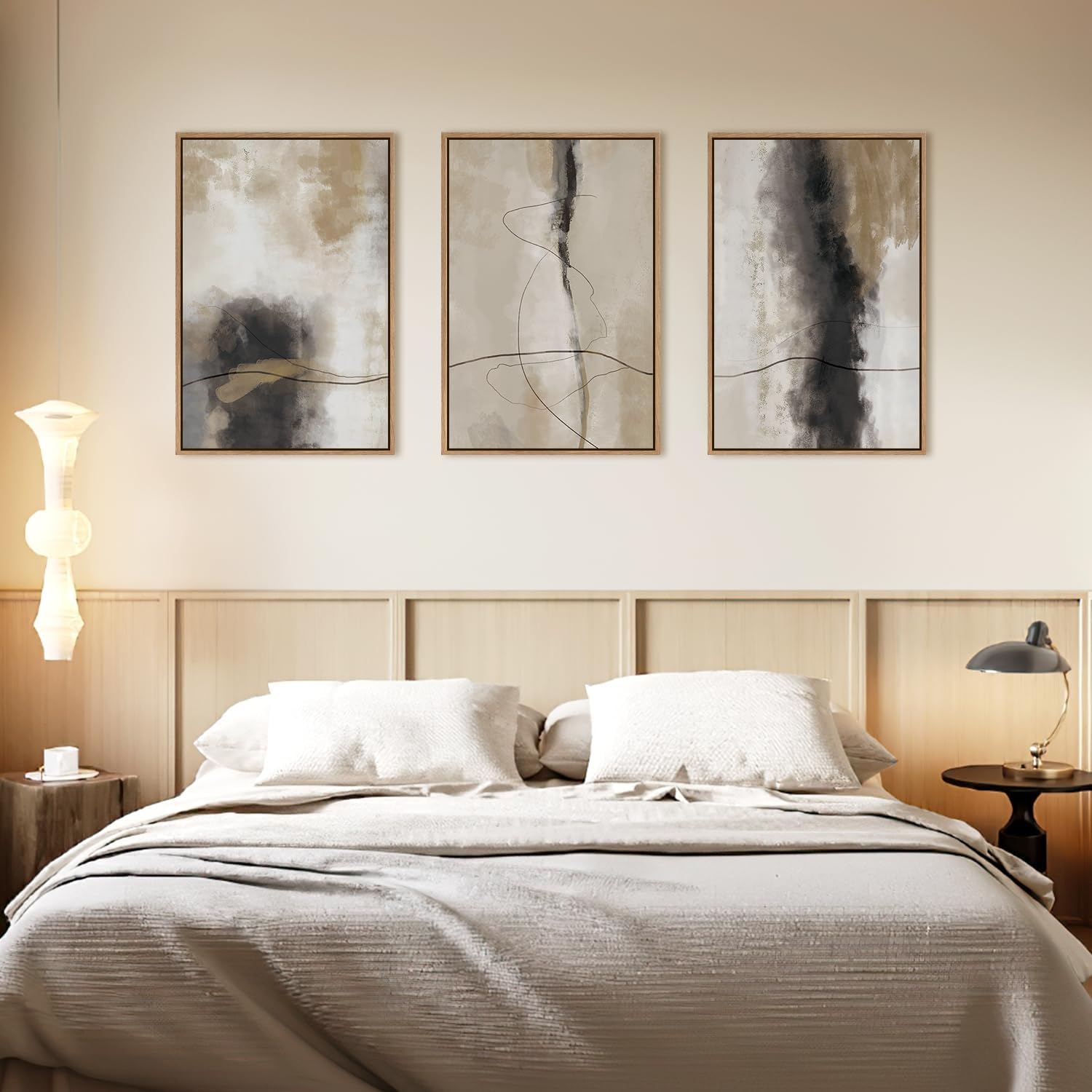 HPINUB Large Modern Abstract Framed Canvas Wall Art Set,Geometric Line Black White and Beige