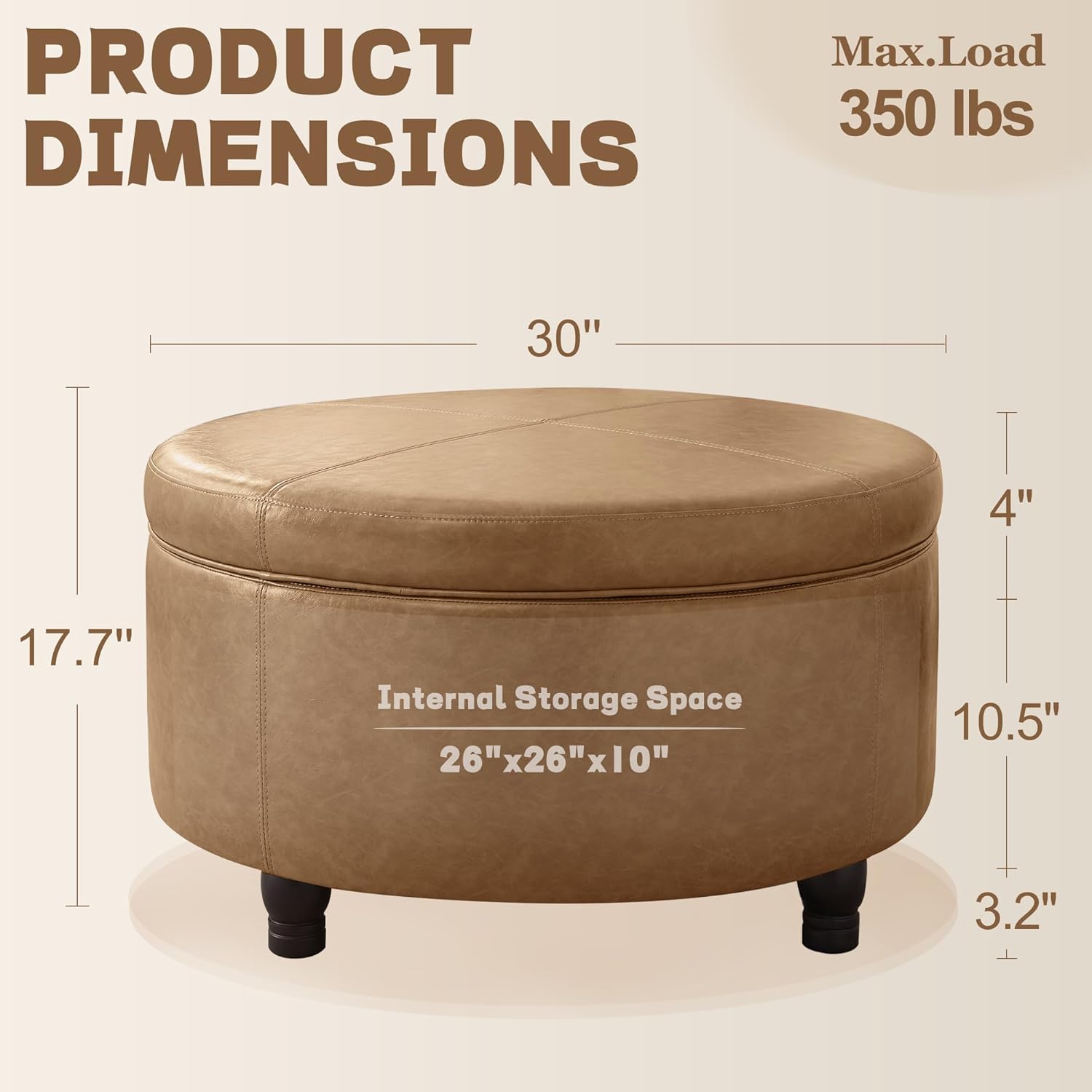 30-Inch Round Storage Ottoman, Modern Ottoman Coffee Table with Removable Top for Living Room