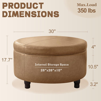 30-Inch Round Storage Ottoman, Modern Ottoman Coffee Table with Removable Top for Living Room