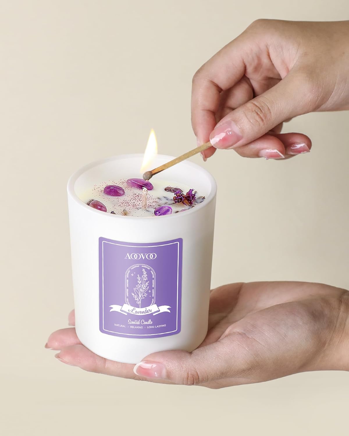 AOOVOO Lavender Scented Candles for Women - Aromatherapy Candle with Crystals Inside, 10oz Soy