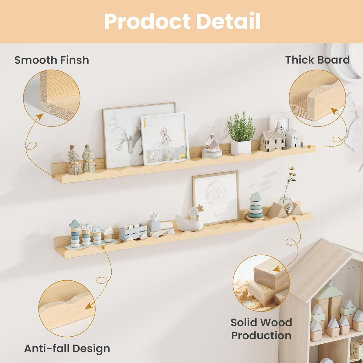 Fun Memories Picture Ledge Shelf for Wall, 48 inch Pine Wood Nursery Book Shelves Set of 2- Wall