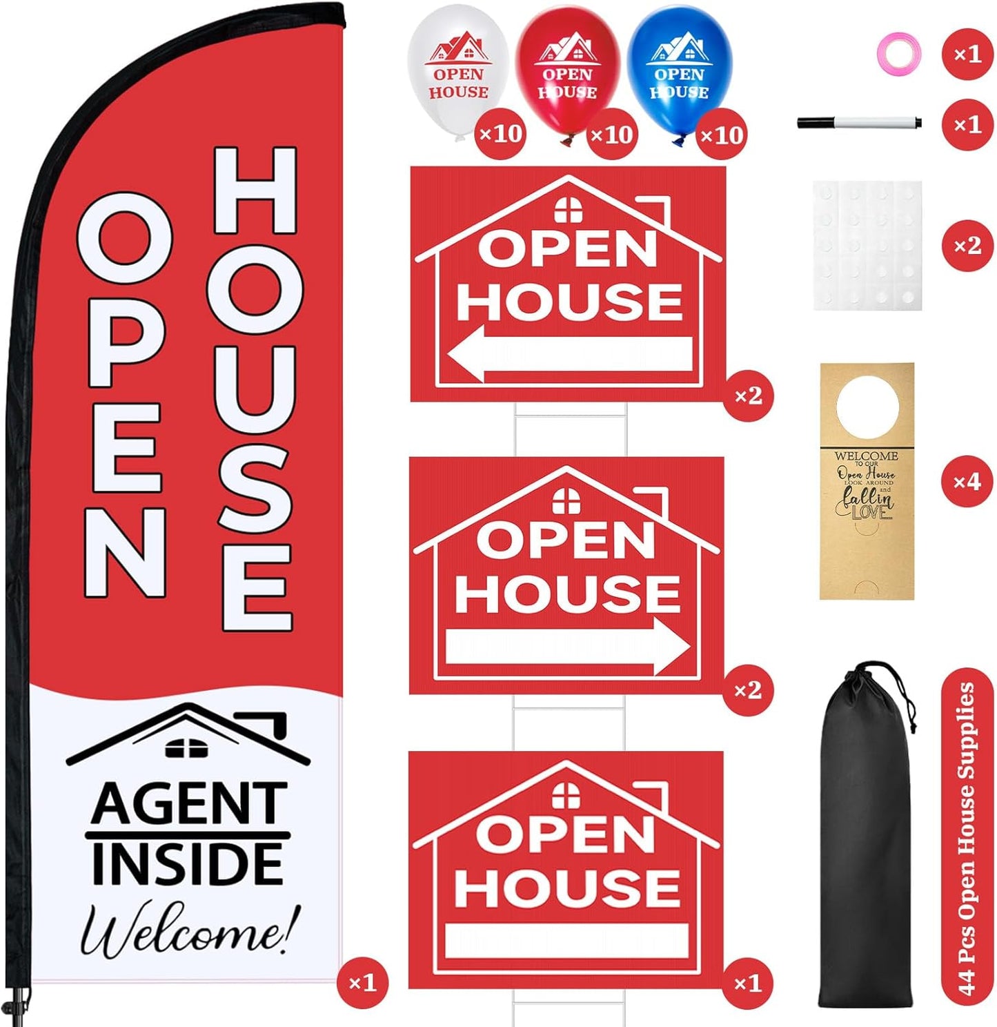 44 Pcs Open House Signs for Real Estate Agent Supplies, Double Sided Open House Flag with Poles