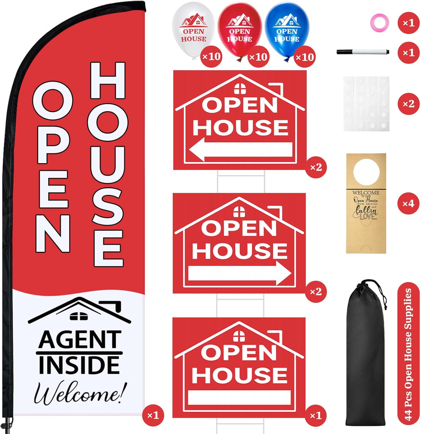 44 Pcs Open House Signs for Real Estate Agent Supplies, Double Sided Open House Flag with Poles