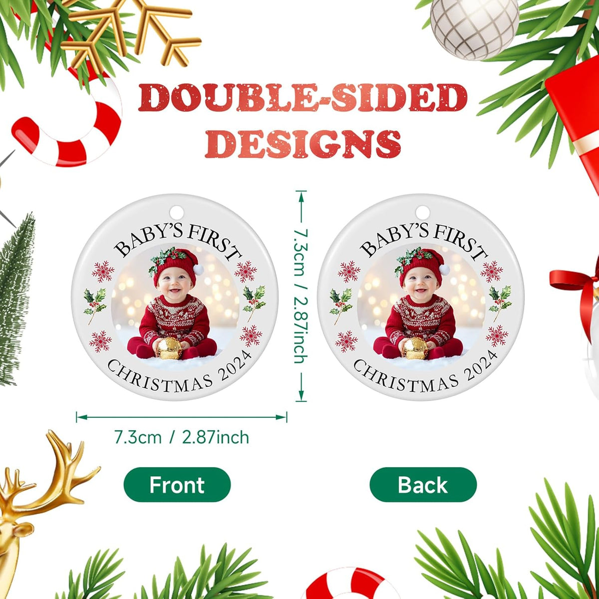 Baby's First Christmas Ornament 2025, Personalized Photo Ornaments for Christmas Tree, Custom Name