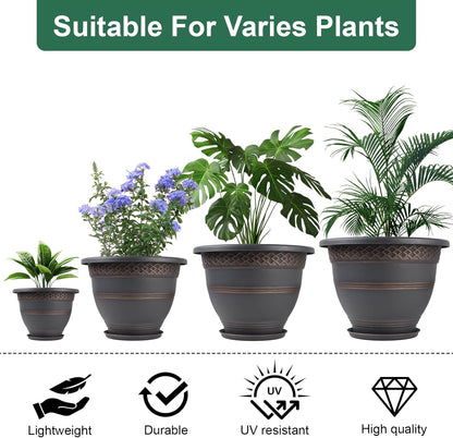 4 Pack 16 Inch Large Plant Pots, Plastic Flower Pot for Indoor & Outdoor with Drainage Holes &