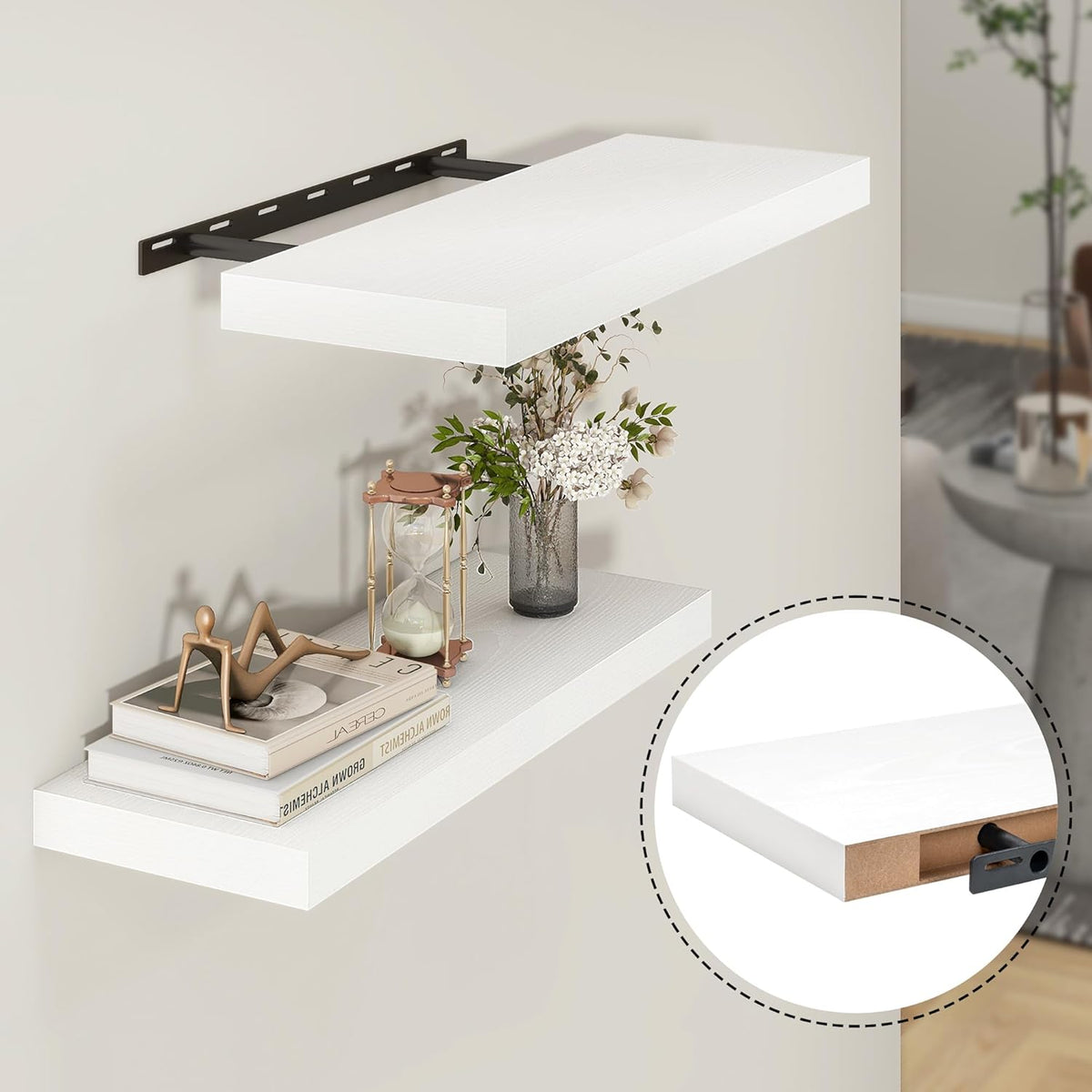Heimlove 24 inch Floating Shelves for Wall,9.3 inch deep White Wood Shelves with Invisible