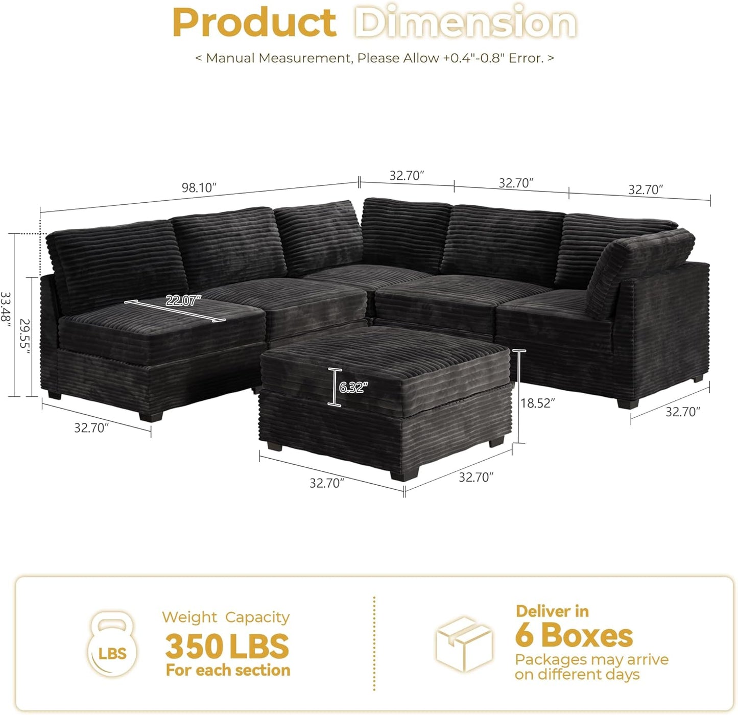 HOOOWOOO Modular Sectional Sofa,6 Pieces Sectional Couches for Living Room,98X98 L Shaped Cloud