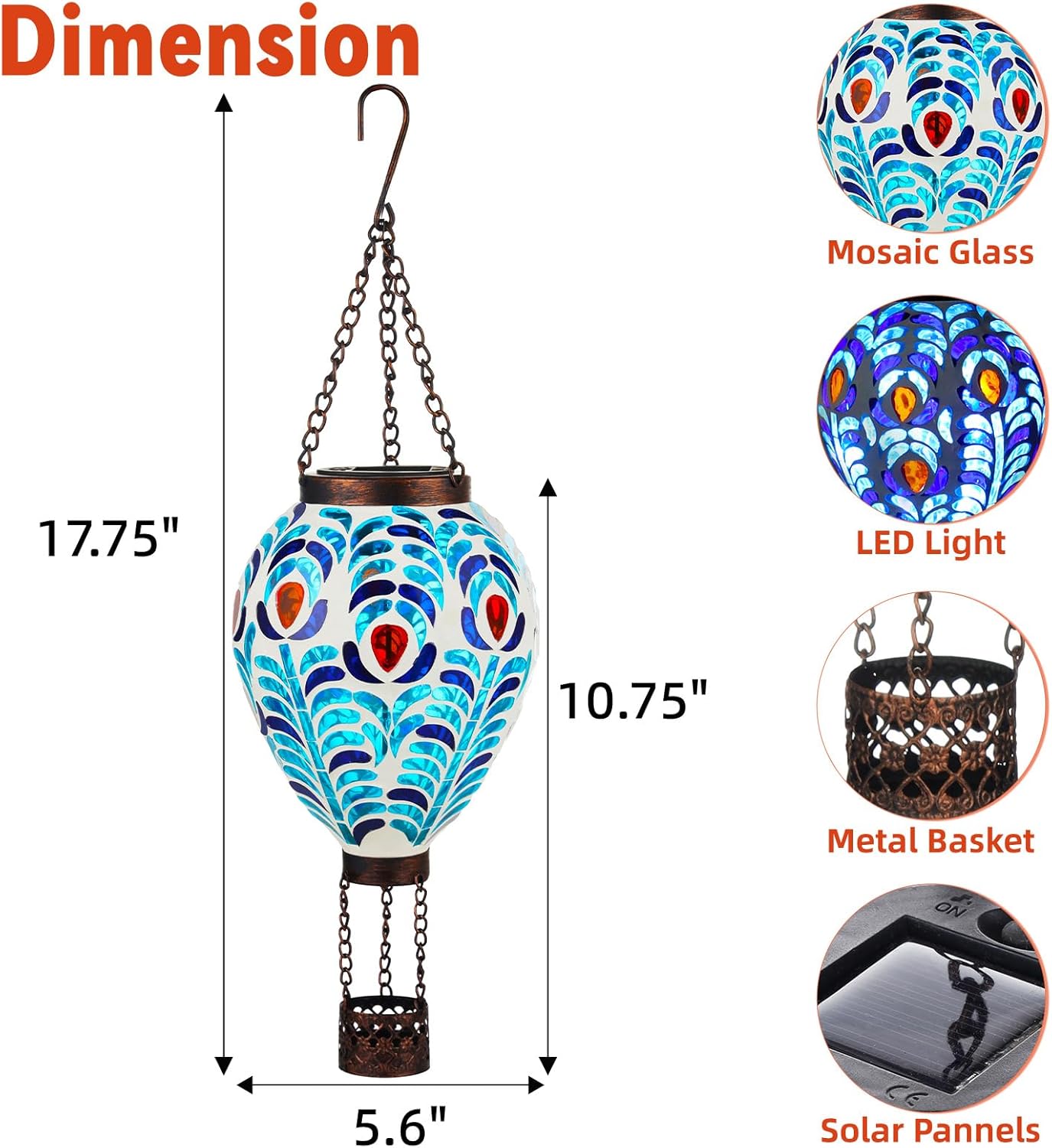 VOREEN Hot Air Balloon Solar Lantern, Mosaic Solar Outdoor Hanging Wind Light, Waterproof, Patio