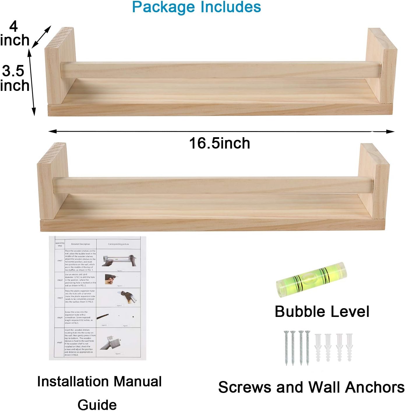 Nursery Floating Book Shelves for Kids Room, Kitchen Spice Rack, or Rustic Wall Mounted Shelves for