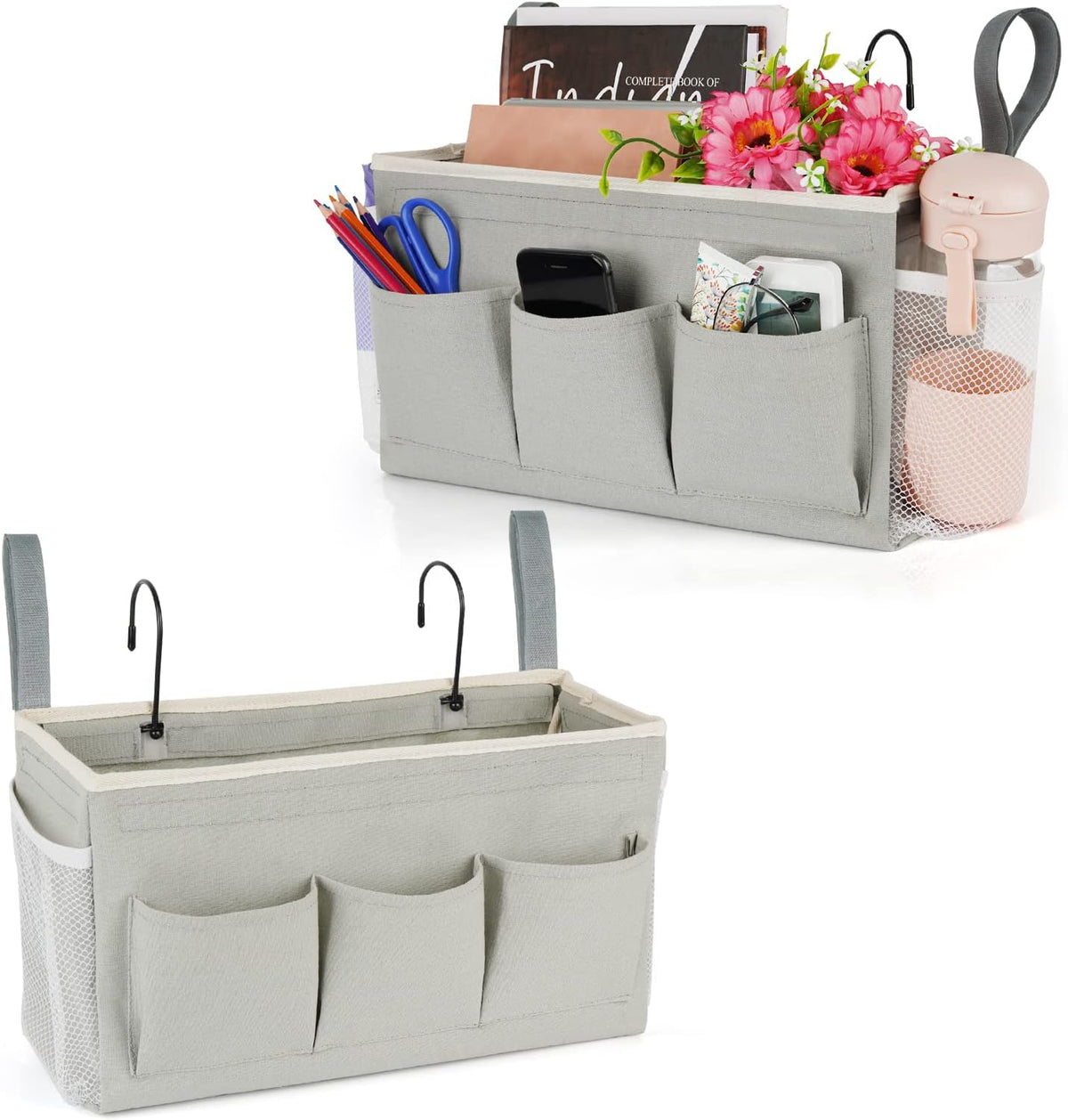 Bedside Caddy Organizer with Fixed Straps & Water Bottle Holder for Home, College Dorm, Bunk Bed