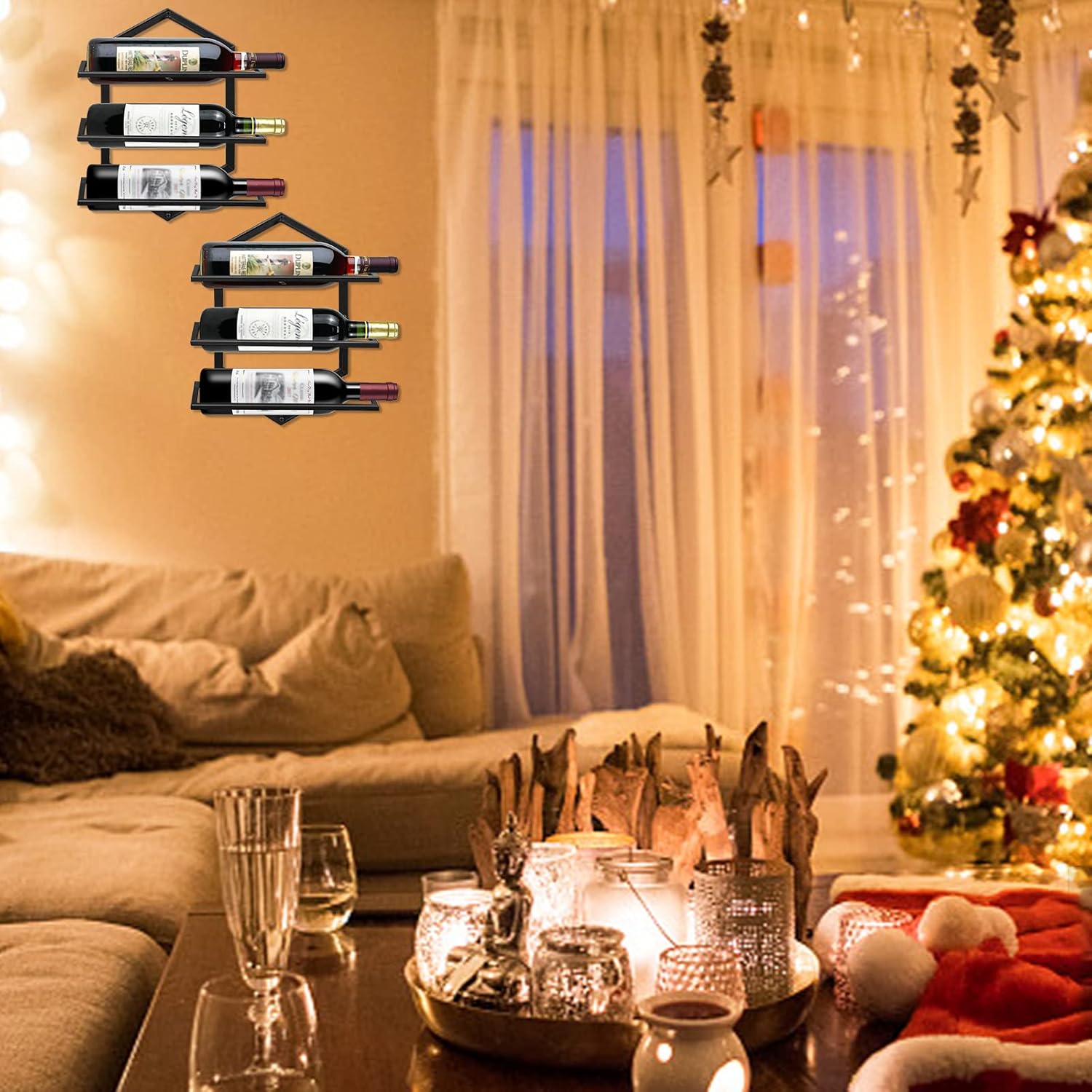 2Pcs Wall Mounted Wine Stemware Rack, Metal Hanging Wine Glass Display Holde Holds 3 Bottles