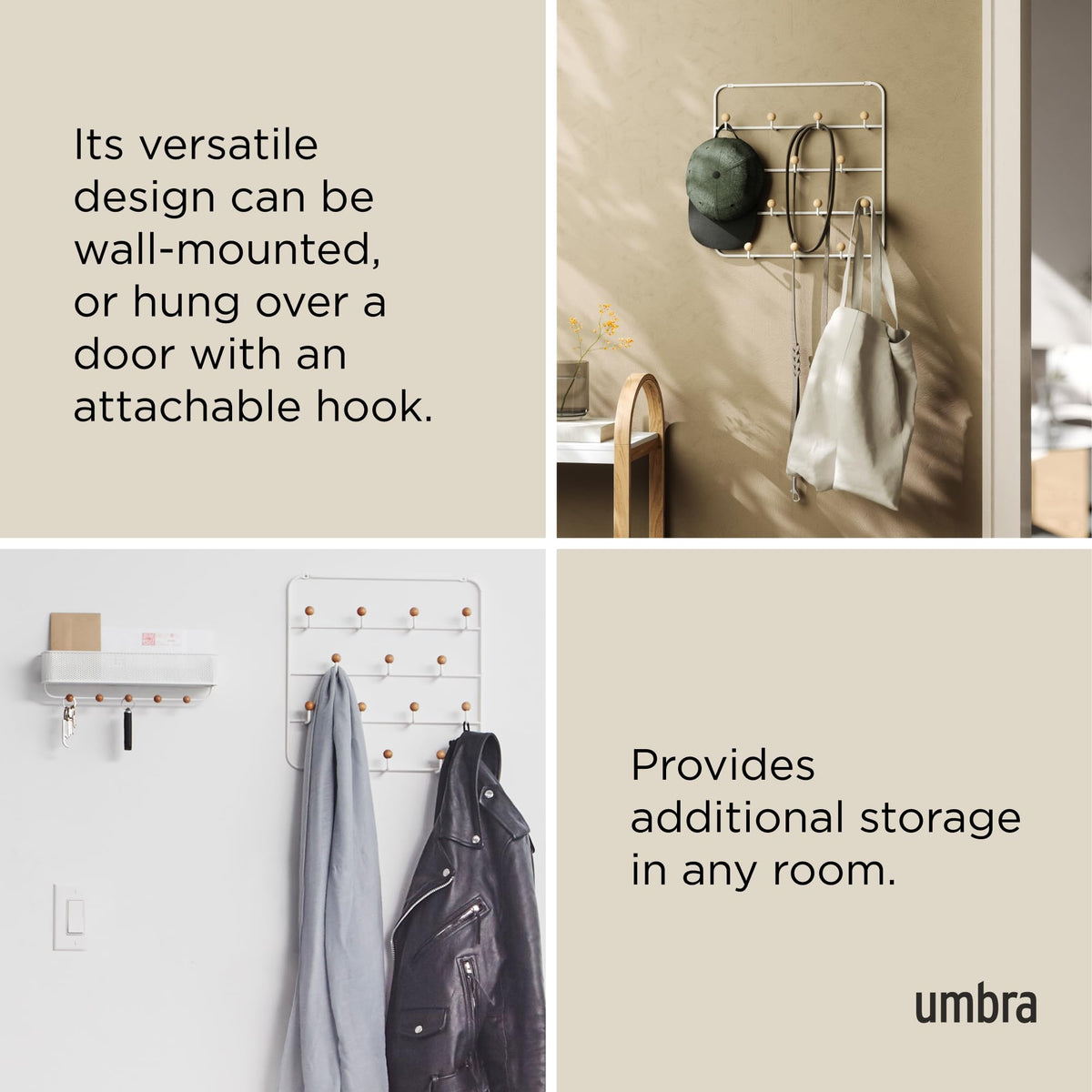 Umbra Estique Coat Rack, Over the Door Wall Hooks, 14 Hook, White/Natural