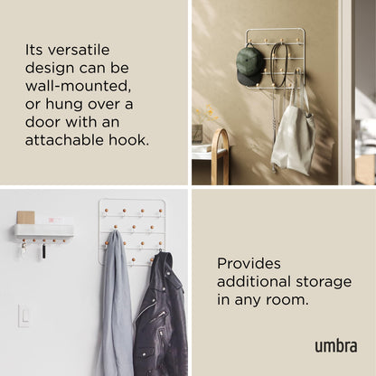 Umbra Estique Coat Rack, Over the Door Wall Hooks, 14 Hook, White/Natural