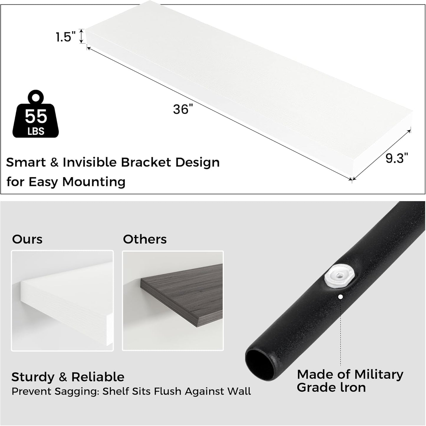 Floating Shelves for Wall, 2 Large Wall Mounted Shelves with Invisible Brackets, Long Wood Floating