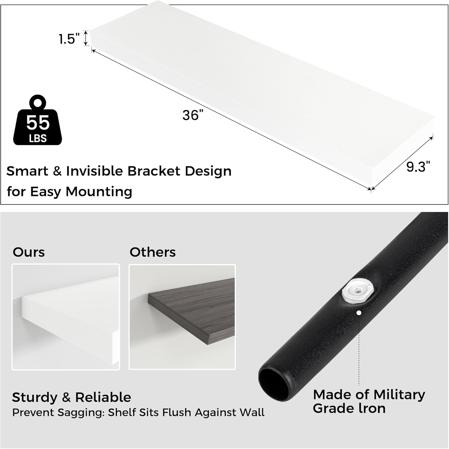 Floating Shelves for Wall, 2 Large Wall Mounted Shelves with Invisible Brackets, Long Wood Floating