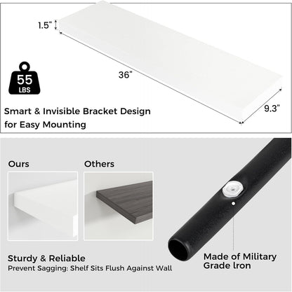 Floating Shelves for Wall, 2 Large Wall Mounted Shelves with Invisible Brackets, Long Wood Floating