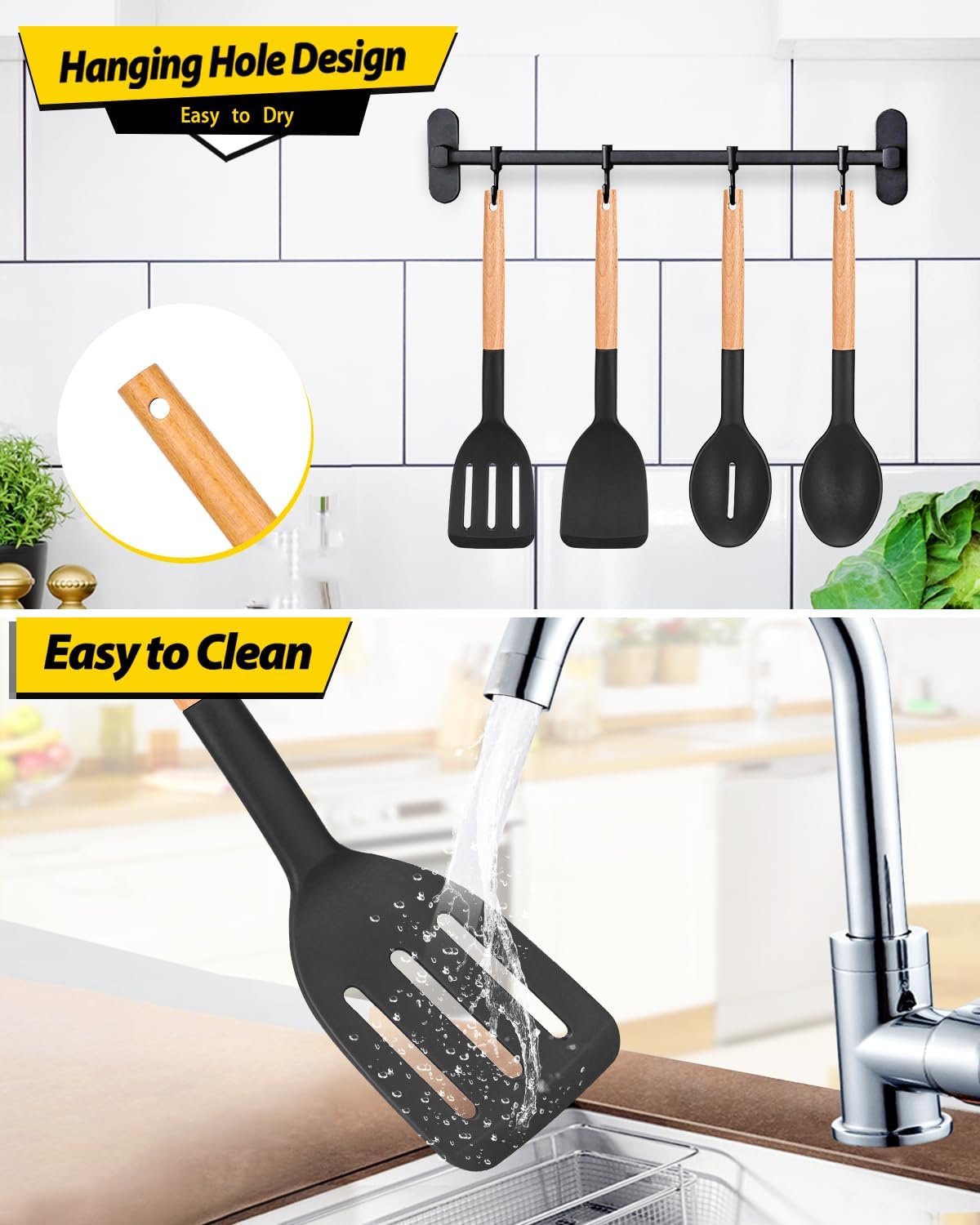 Pack of 4 Silicone Cooking Utensils Set, Non Stick Solid Spatulas and Heat Resistant Slotted Spoons