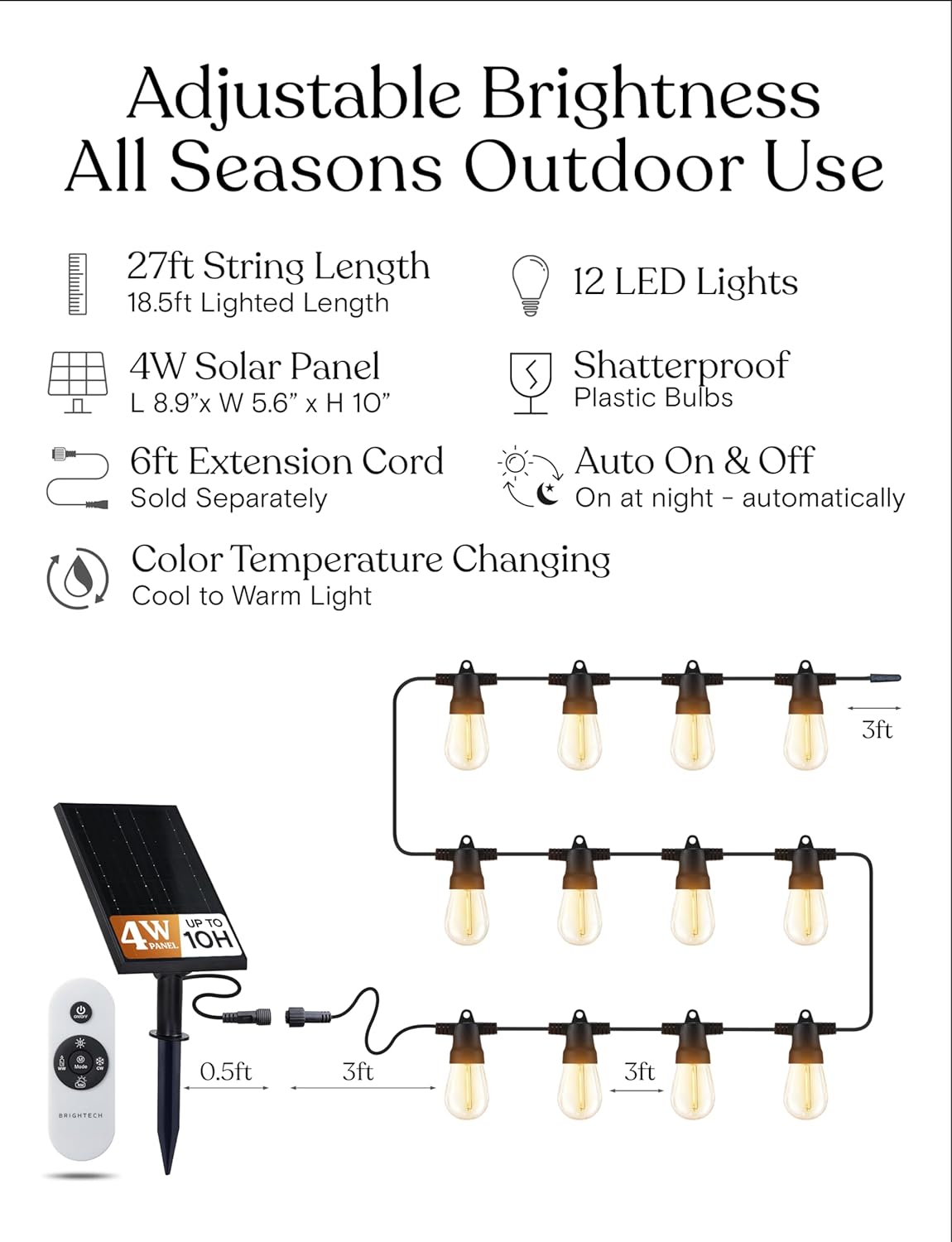 Brightech Ambience Pro 27-Ft Solar String Lights for Outside - Super Bright Remote Control Color