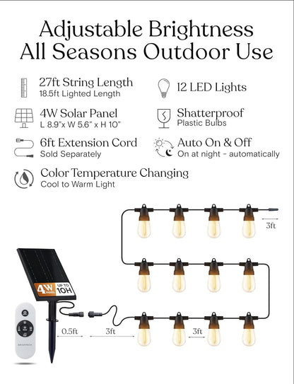 Brightech Ambience Pro 27-Ft Solar String Lights for Outside - Super Bright Remote Control Color