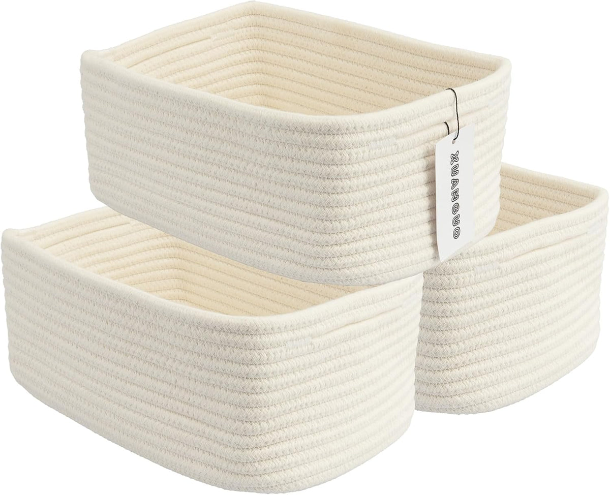 Small Woven Storage Baskets 12“X8”X5“ Decorative Rope Bins for Organizing Shelves, Closets, and