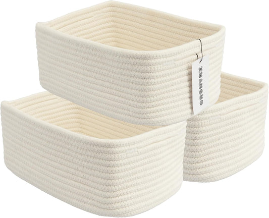 Small Woven Storage Baskets 12“X8”X5“ Decorative Rope Bins for Organizing Shelves, Closets, and