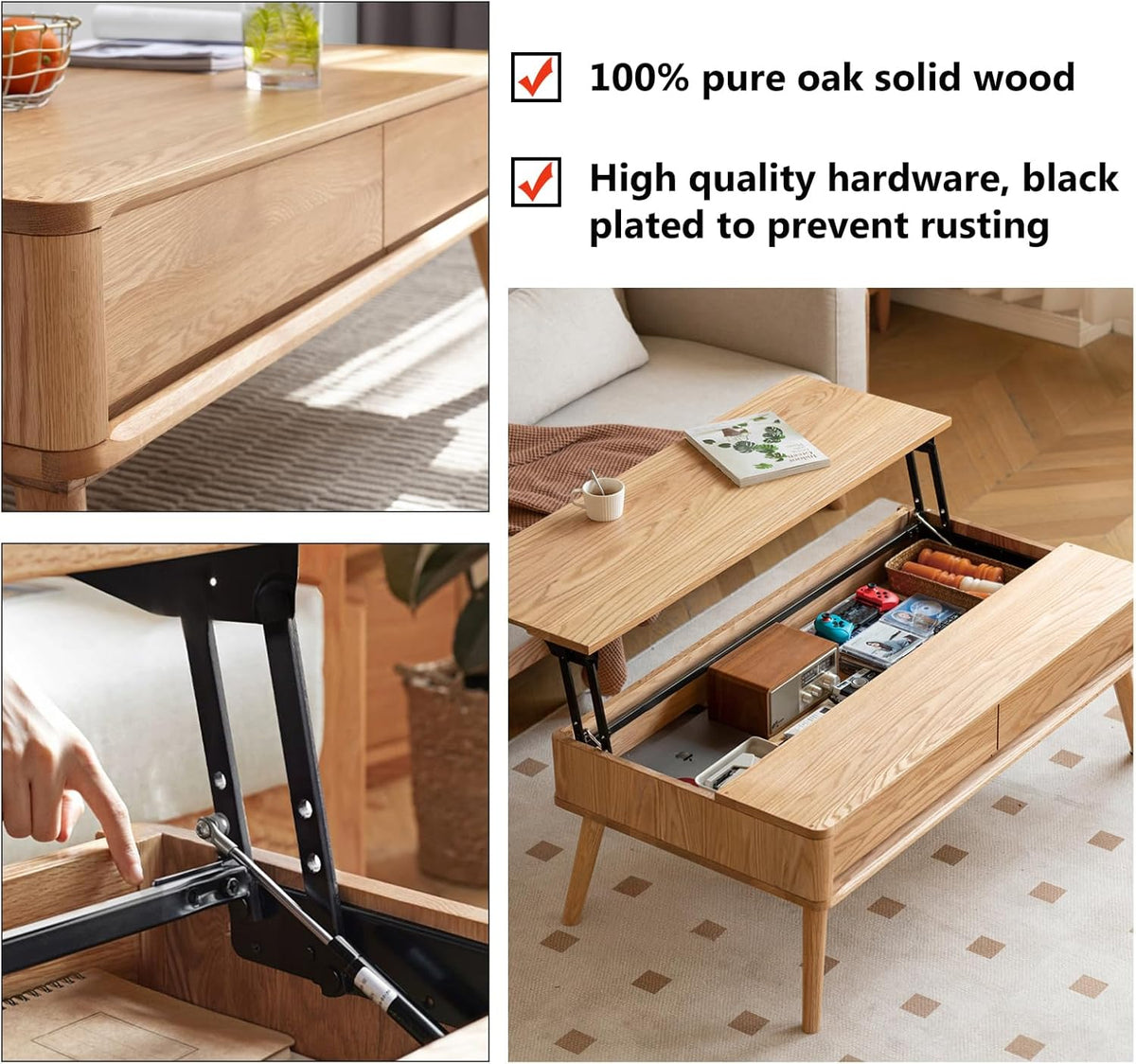 100% Solid Wood Lift Top Coffee Table for Living Room, Mid Century Modern Tables with Drawers and