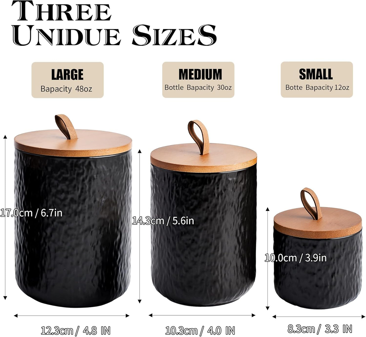 JOJUNO Black Ceramic Canister Set with Wooden Lid, 3-Piece Airtight Food Storage Jars for Kitchen