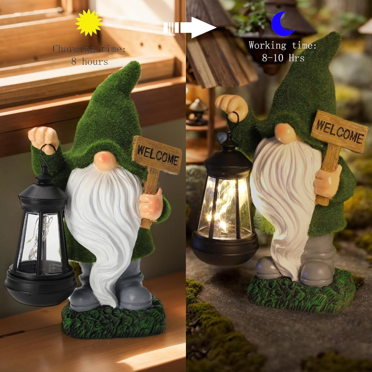 Garden Gnome Statue Solar Light Outdoor Decorations Figurine Welcome Sign with Lantern Sculpture