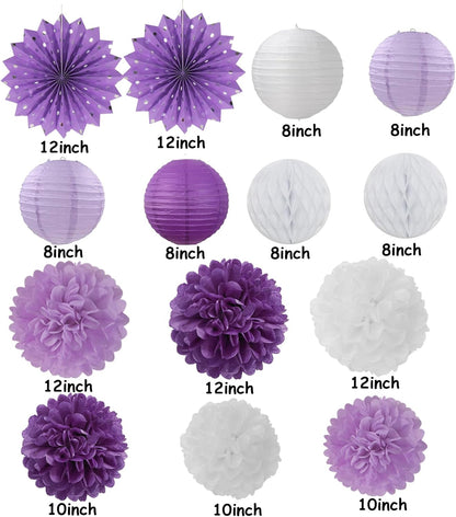 Purple-White Lavender Party Decorations Streamers - 14pcs Women Girl Birthday Paper Lanterns
